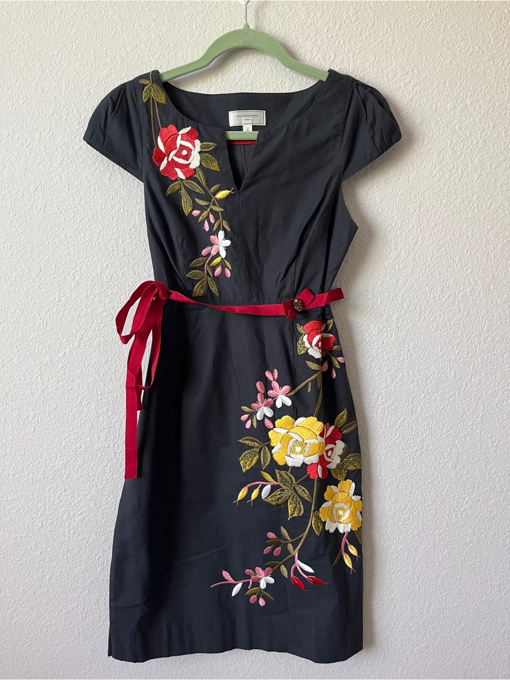 Anthropologie Embroidered Black Floral Sheath Dress with Red Belt